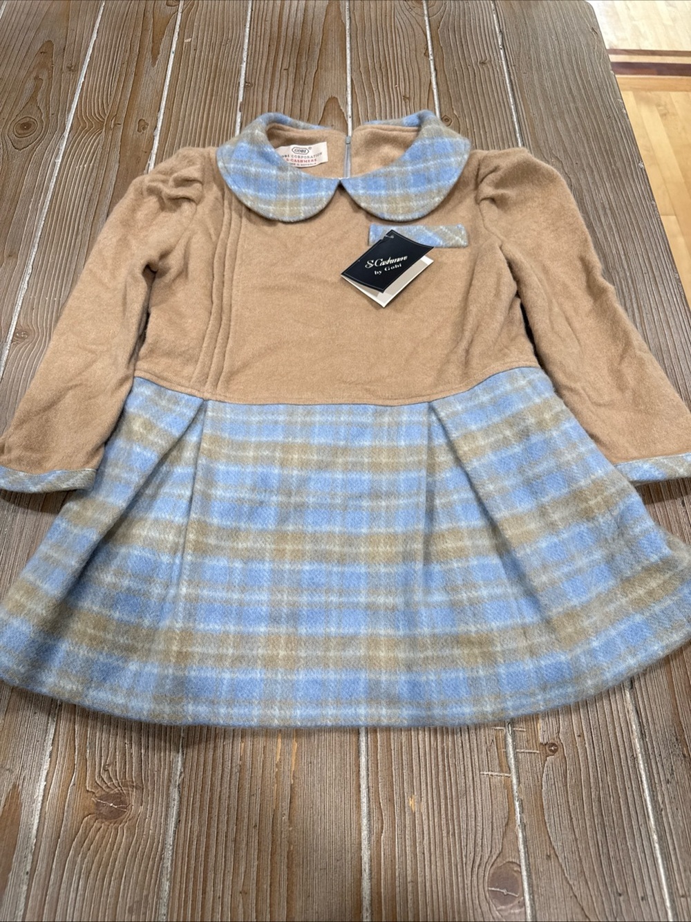 GOBI Mongolian Cashmere Girls Plaid Dress Tan Blue Peter Pan Collar Vintage 4/5T